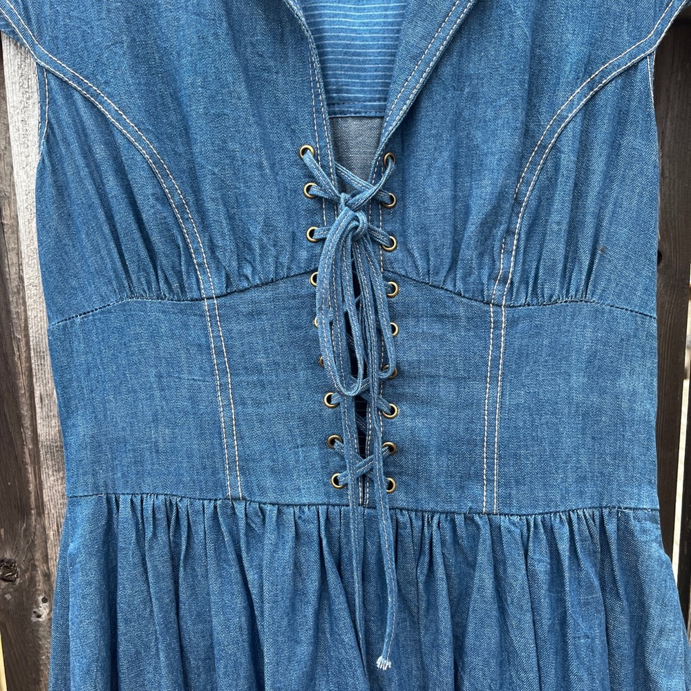 Blue Denim Lace-Up Maxi Dress